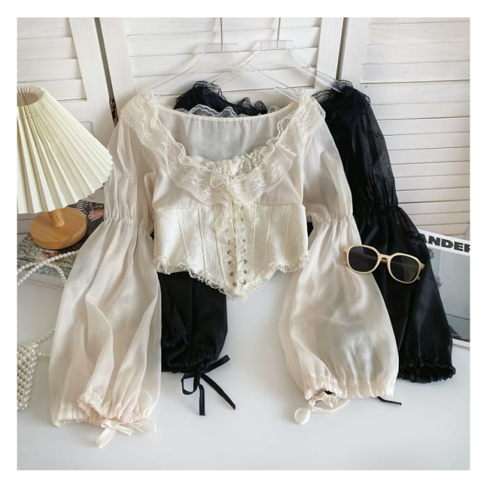 Puff-Sleeve Scoop Neck Lace Ruffle Lace-Up Crop Blouse