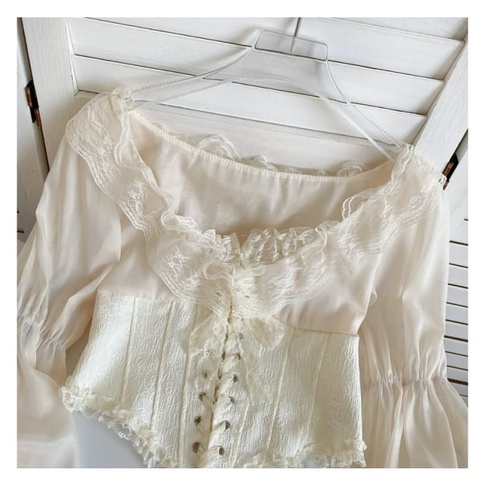 Puff-Sleeve Scoop Neck Lace Ruffle Lace-Up Crop Blouse