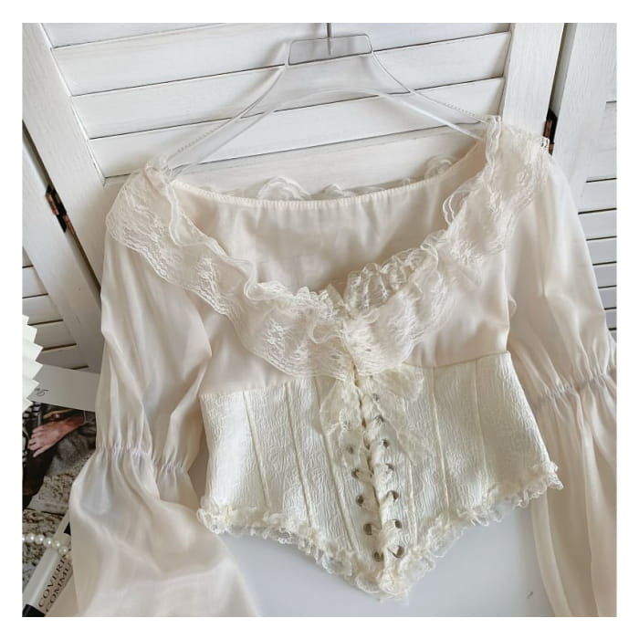 Puff-Sleeve Scoop Neck Lace Ruffle Lace-Up Crop Blouse