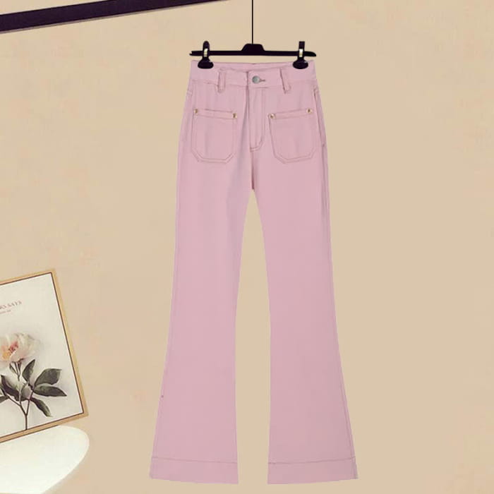 Puff Sleeve Shirt Flared Pink Denim Pants Set - M