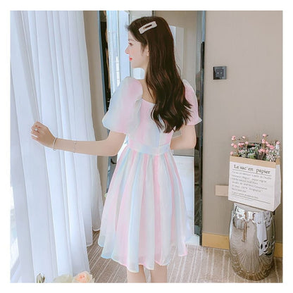 Puff Sleeve Square Neck Gradient Flower Detail A-Line Dress