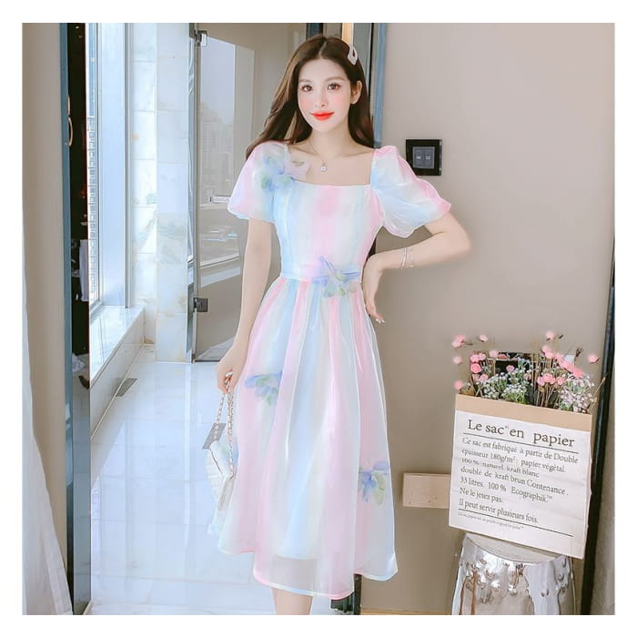 Puff Sleeve Square Neck Gradient Flower Detail A-Line Dress