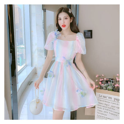 Puff Sleeve Square Neck Gradient Flower Detail A-Line Dress