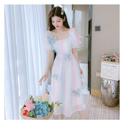 Puff Sleeve Square Neck Gradient Flower Detail A-Line Dress