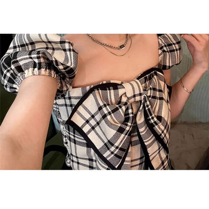 Puff Sleeve Square Neck Plaid Bow Blouse - Black / One Size