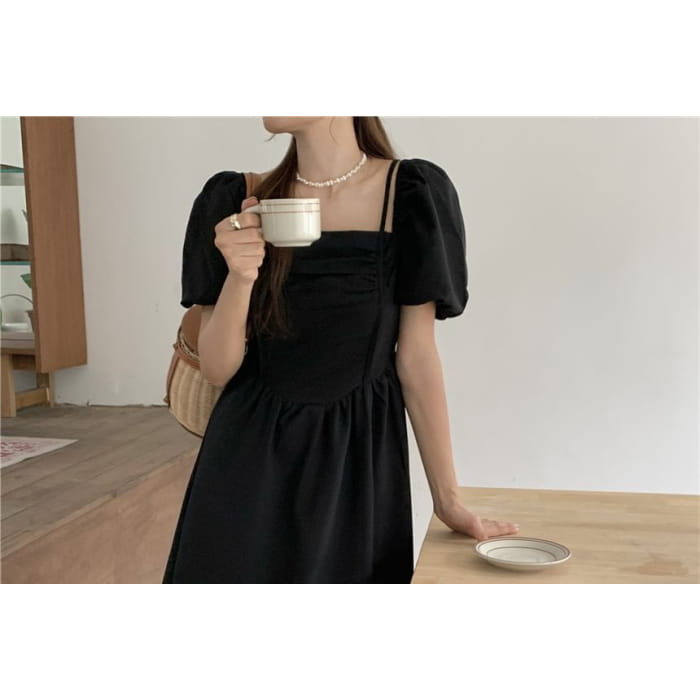 Puff-Sleeve Square Neck Plain Midi A-Line Dress