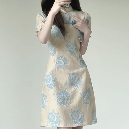 Puff-Sleeve Stand Collar Bow Mini A-Line Lace Dress - Blue