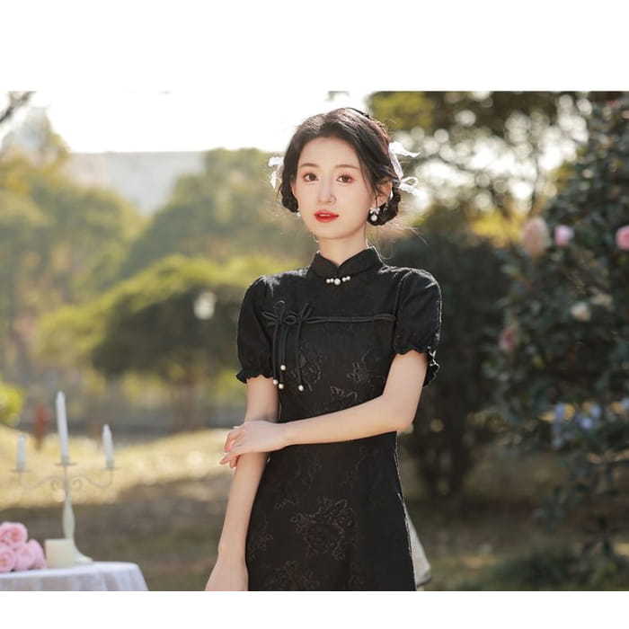 Puff-Sleeve Stand Collar Bow Mini A-Line Lace Dress