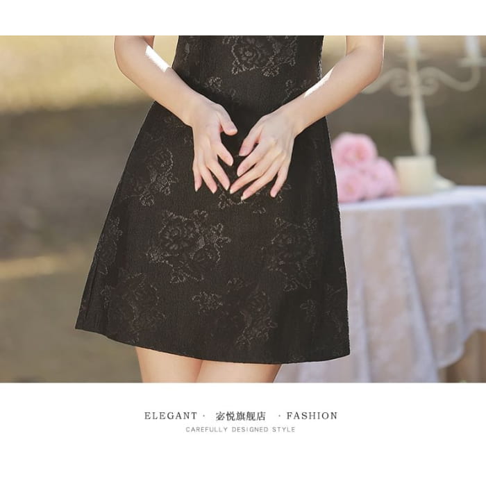 Puff-Sleeve Stand Collar Bow Mini A-Line Lace Dress