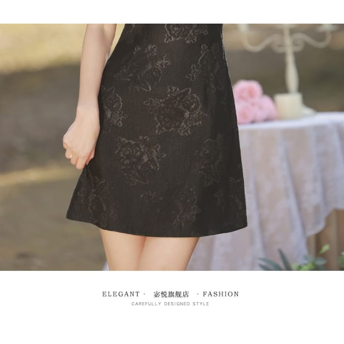 Puff-Sleeve Stand Collar Bow Mini A-Line Lace Dress