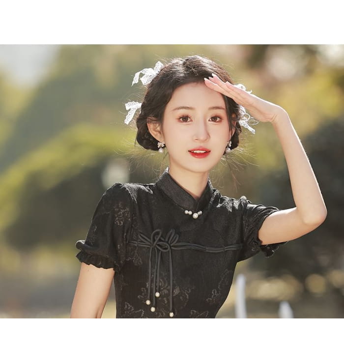 Puff-Sleeve Stand Collar Bow Mini A-Line Lace Dress