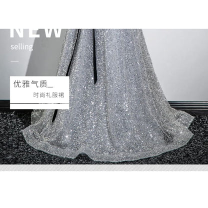 Puff Sleeve Sweetheart Neck Bow Sequin A-Line Evening Gown