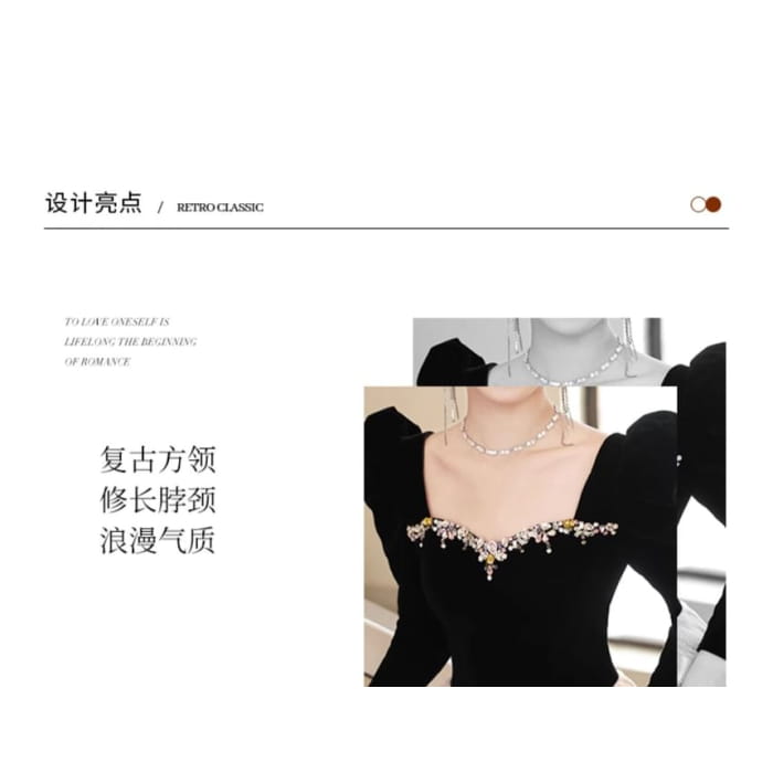 Puff-Sleeve Sweetheart-Neckline Rhinestone A-Line Mesh