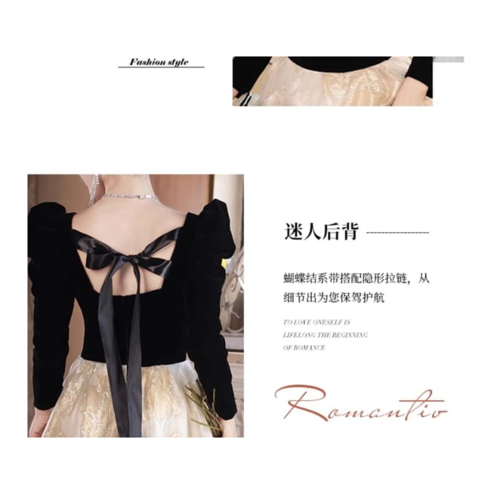 Puff-Sleeve Sweetheart-Neckline Rhinestone A-Line Mesh