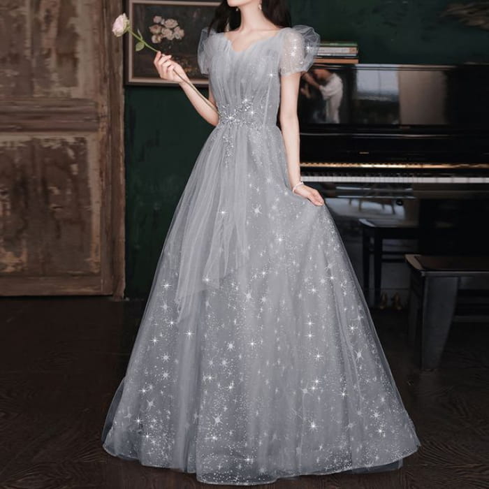 Puff-Sleeve Sweetheart Neckline Sequin Mesh A-Line Evening