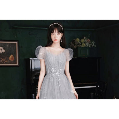 Puff-Sleeve Sweetheart Neckline Sequin Mesh A-Line Evening