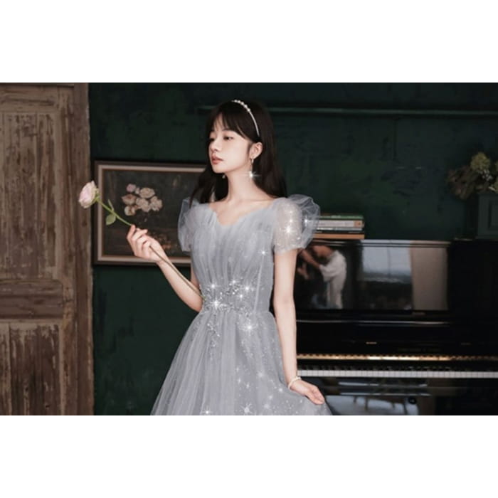 Puff-Sleeve Sweetheart Neckline Sequin Mesh A-Line Evening