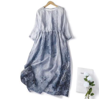 Puff-Sleeve Tie-Dyed Midi A-Line Dress - Blue / M - Clothing