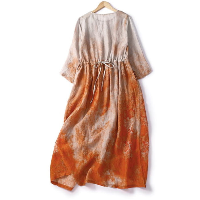 Puff-Sleeve Tie-Dyed Midi A-Line Dress - Clothing