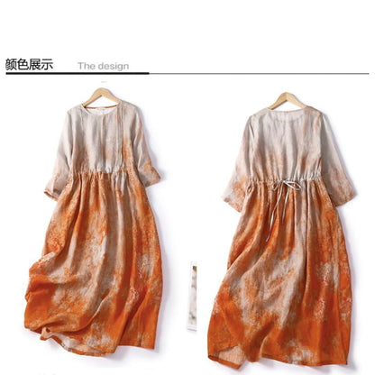 Puff-Sleeve Tie-Dyed Midi A-Line Dress - Clothing