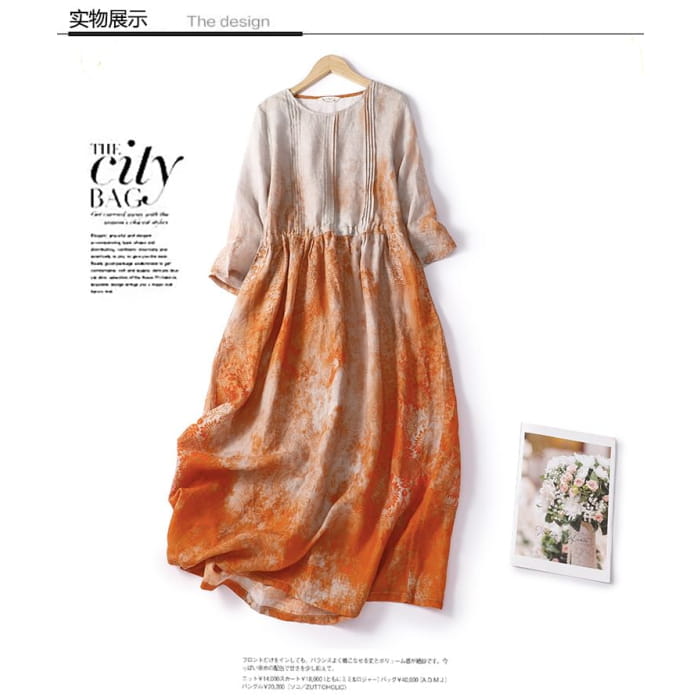 Puff-Sleeve Tie-Dyed Midi A-Line Dress - Clothing