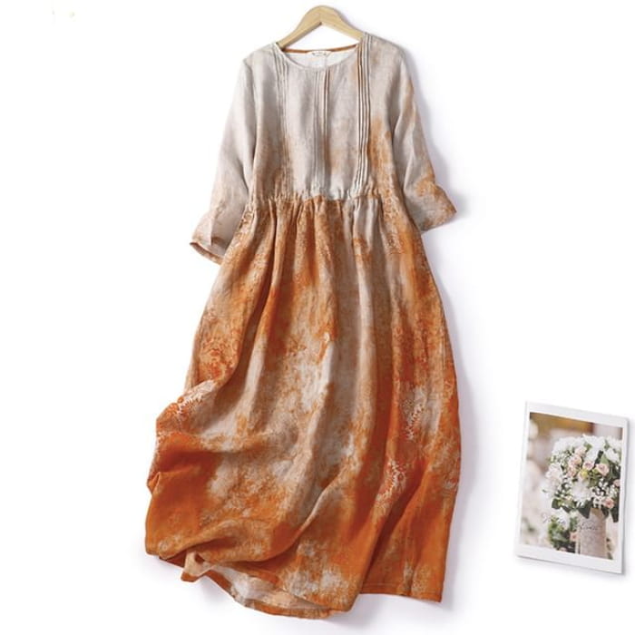 Puff-Sleeve Tie-Dyed Midi A-Line Dress - Tangerine / M