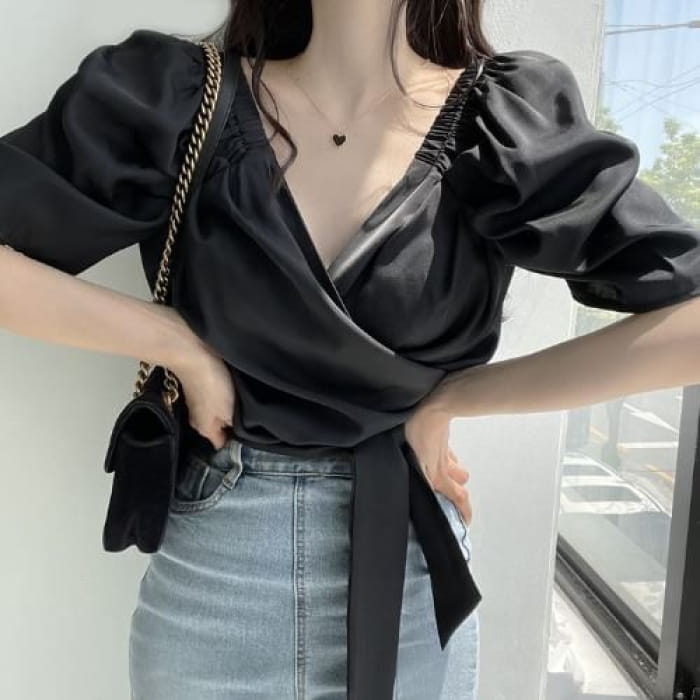 Puff-Sleeve V-Neck Plain Wrap Blouse