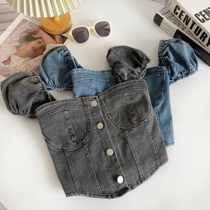 Puff-Sleeve Washed Denim Button Crop Top