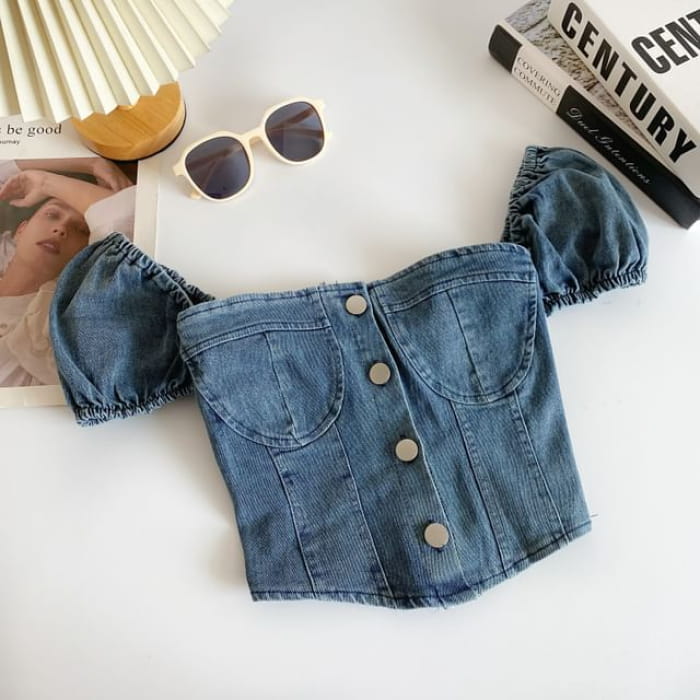 Puff-Sleeve Washed Denim Button Crop Top - Light Blue