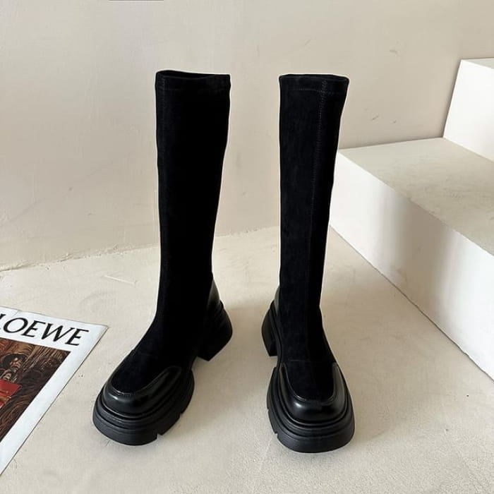 Pull-On Knee-High Boots With Chunky-Heel - Black / 35