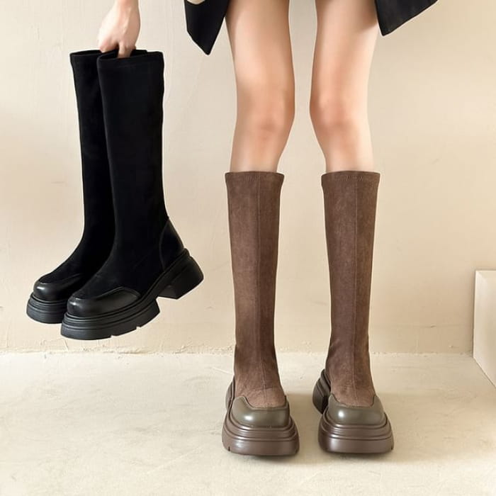 Pull-On Knee-High Boots With Chunky-Heel - Shoes