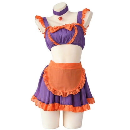 Pumpkin Bell Bow Decor Chiffon Maid Lingerie Set - Purple