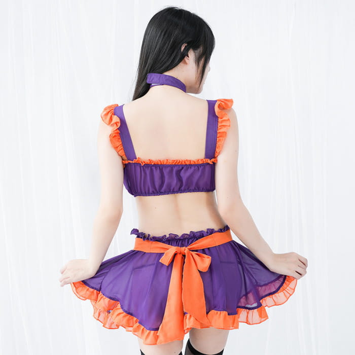 Pumpkin Bell Bow Decor Chiffon Maid Lingerie Set - Purple