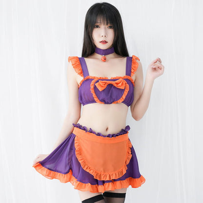 Pumpkin Bell Bow Decor Chiffon Maid Lingerie Set - Purple