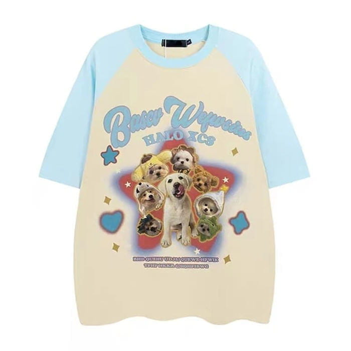 Puppy Oversized Graphic Tee - M / Blue - T-Shirts