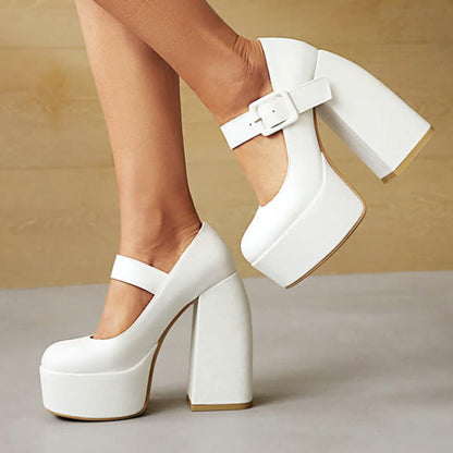 Pure Color Chunk High Heel Mary Janes Shoes