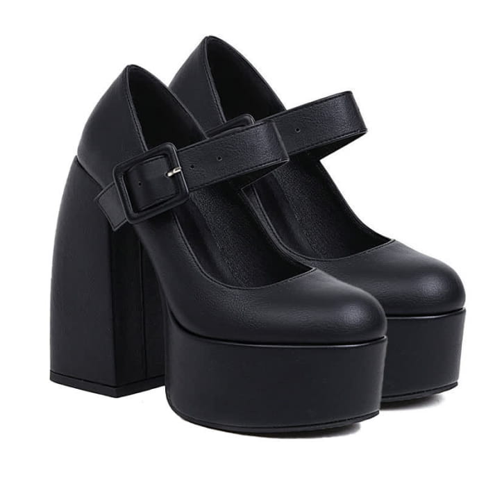 Pure Color Chunk High Heel Mary Janes Shoes - Black / 34