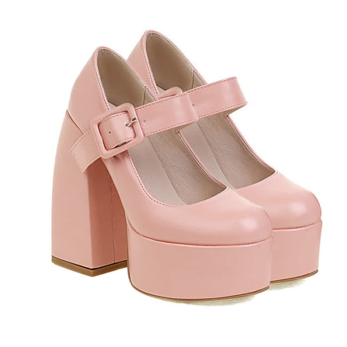 Pure Color Chunk High Heel Mary Janes Shoes - Pink / 34