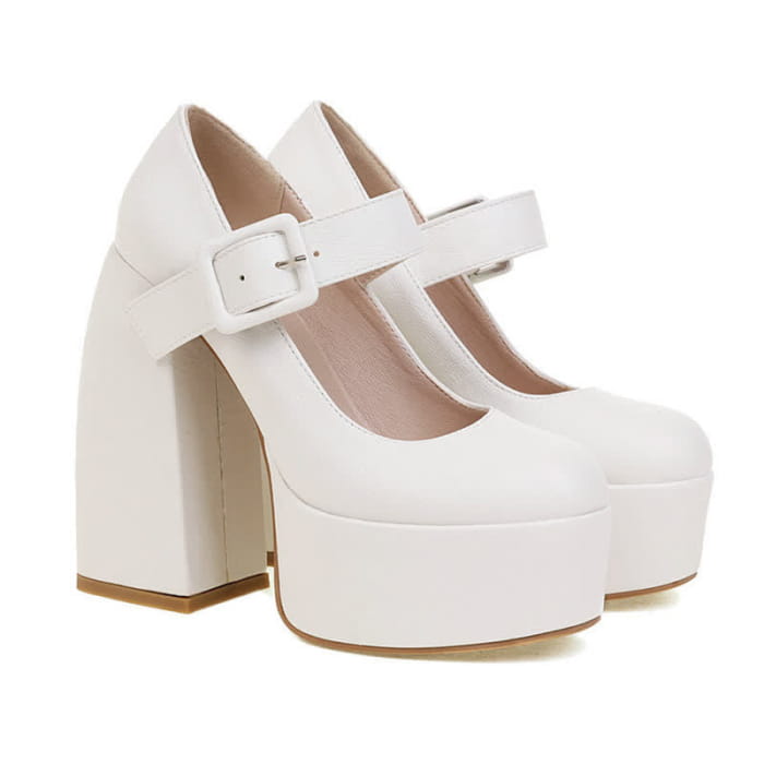 Pure Color Chunk High Heel Mary Janes Shoes - White / 34