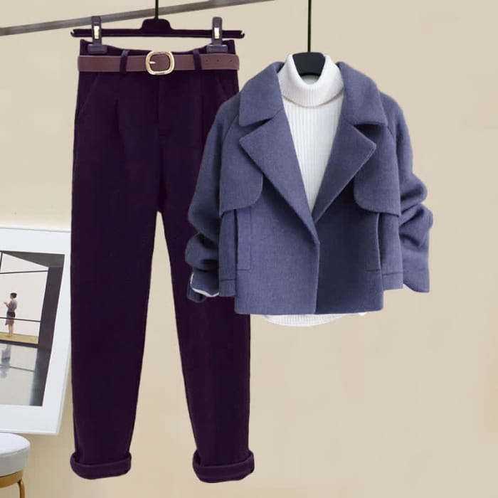 Pure Color Coat Turtleneck Sweater Loose Pants - Set A / M
