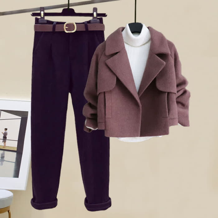 Pure Color Coat Turtleneck Sweater Loose Pants - Set C / M