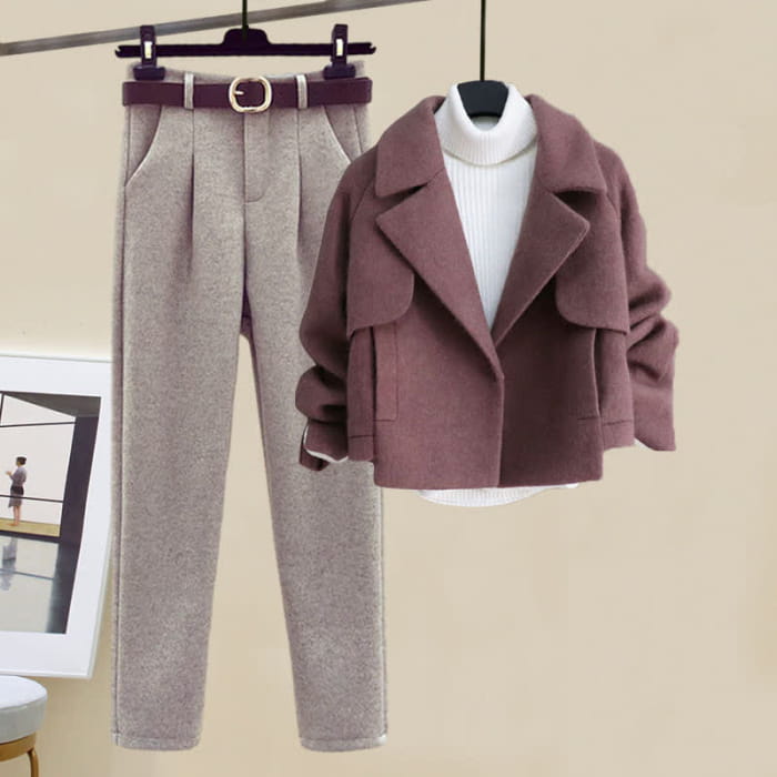 Pure Color Coat Turtleneck Sweater Loose Pants - Set D / M