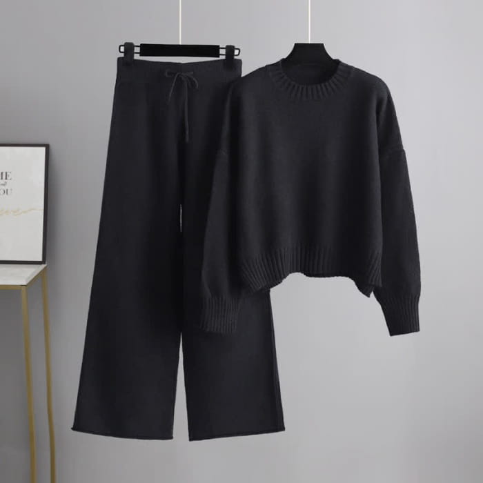 Pure Color Knit Sweater Wide Leg Pants Set - Black