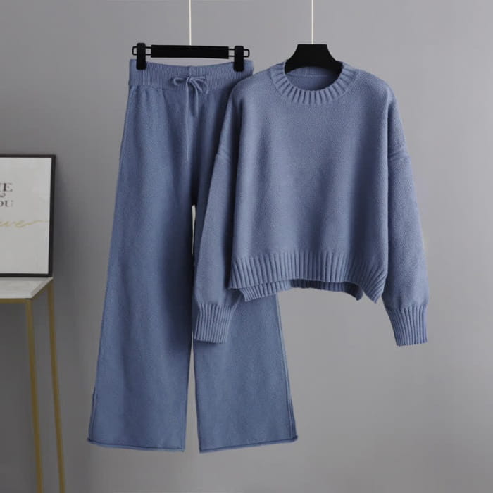 Pure Color Knit Sweater Wide Leg Pants Set - Blue / One Size