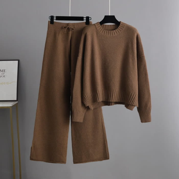 Pure Color Knit Sweater Wide Leg Pants Set - Coffee