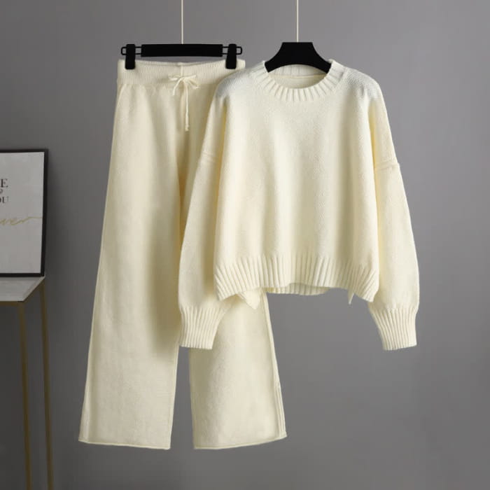 Pure Color Knit Sweater Wide Leg Pants Set - Creamy White