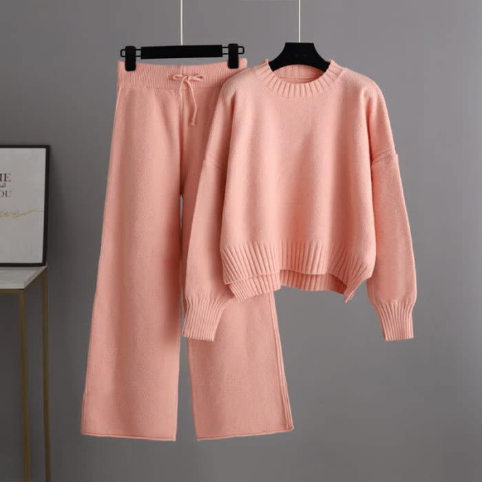 Pure Color Knit Sweater Wide Leg Pants Set - Pink / One Size