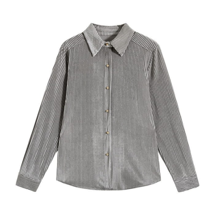 Pure Color Lapel Pleuche Shirt Workwear - Gray / M