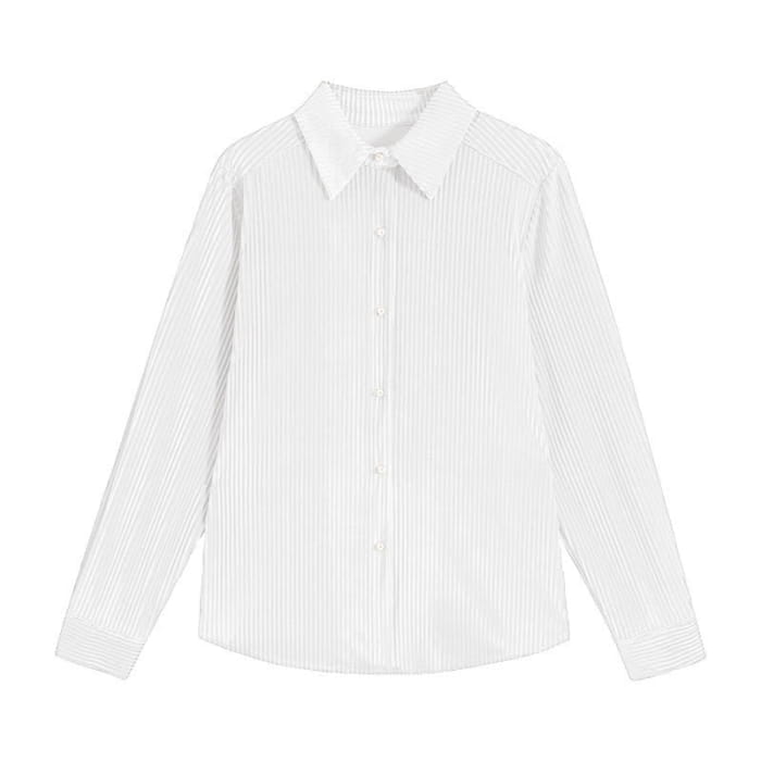 Pure Color Lapel Pleuche Shirt Workwear - White / M