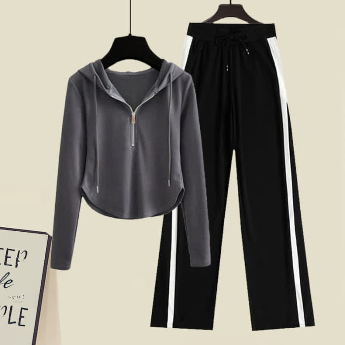 Pure Color Zipper Hoodie Black Pants Set - Gray / M